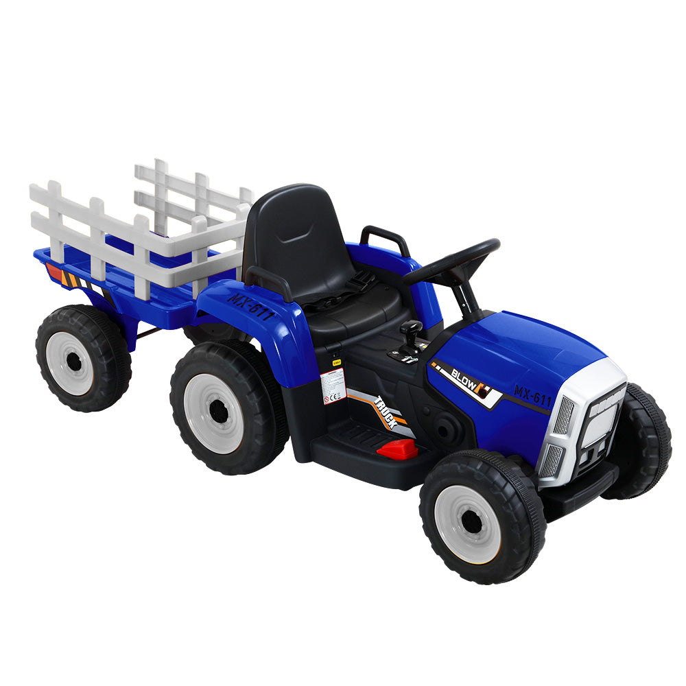 Rigo Ride On Car Tractor Trailer Toy Kids Electric Cars 12V Battery Blue